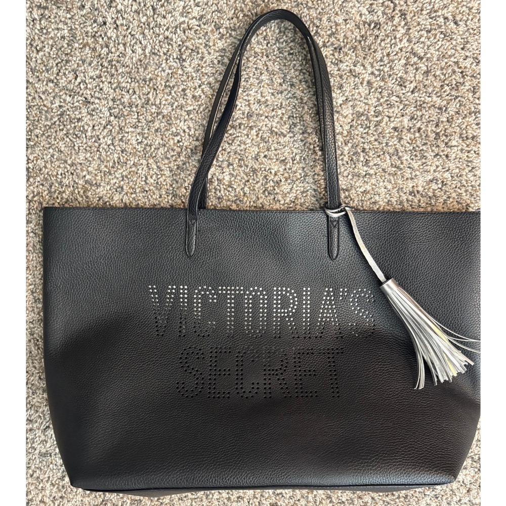 NWOT Victoria's Secret Large Tote Bag, Perforated Logo, Tassel, Black Silver